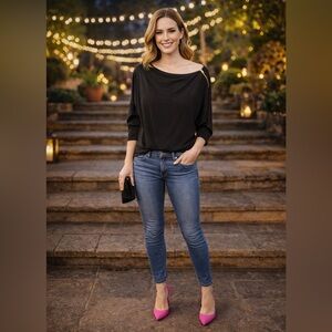 White Birch Black Asymmetrical Draped Top w/ Gold Zipper Detail Size S